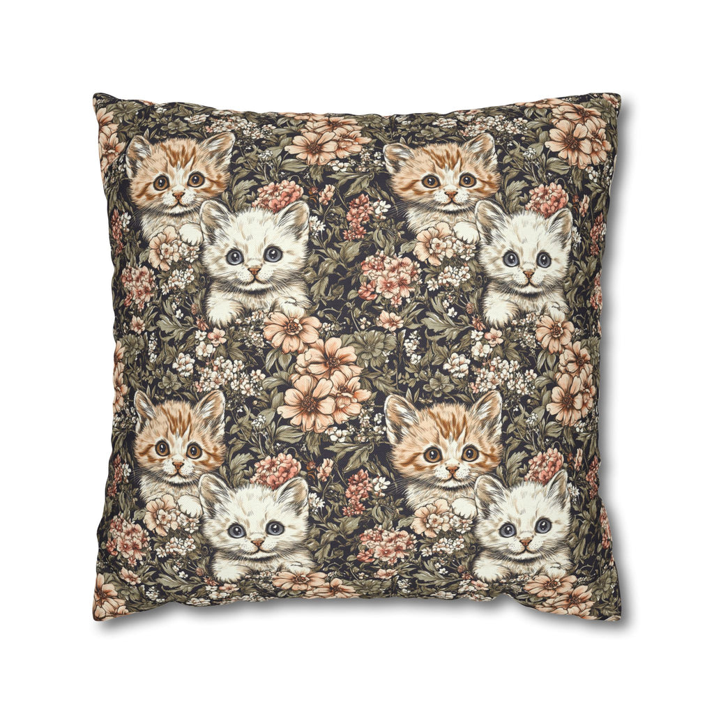 Square Pillowcase - Peach and White Kittens in Dark Floral Garden, Vintage Style, Sweet and Charming Scene