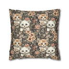 Square Pillowcase - Peach and White Kittens in Dark Floral Garden, Vintage Style, Sweet and Charming Scene
