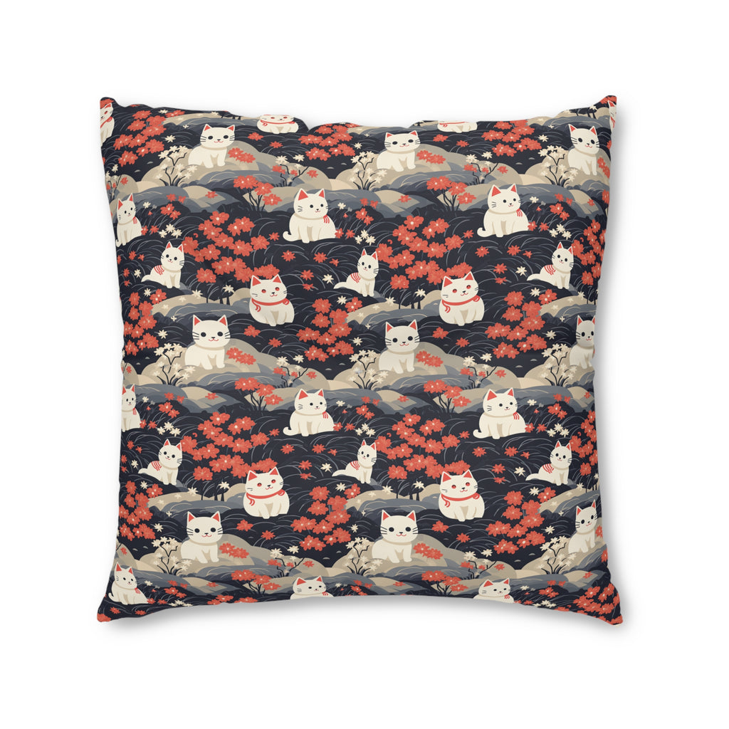 Indoor Square Floor Pillow - A charming, minimalist, Japanese-style illustration of cute white cats sitting amongst vibrant red and white flowers on a dark background.