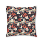 Indoor Square Floor Pillow - A charming, minimalist, Japanese-style illustration of cute white cats sitting amongst vibrant red and white flowers on a dark background.