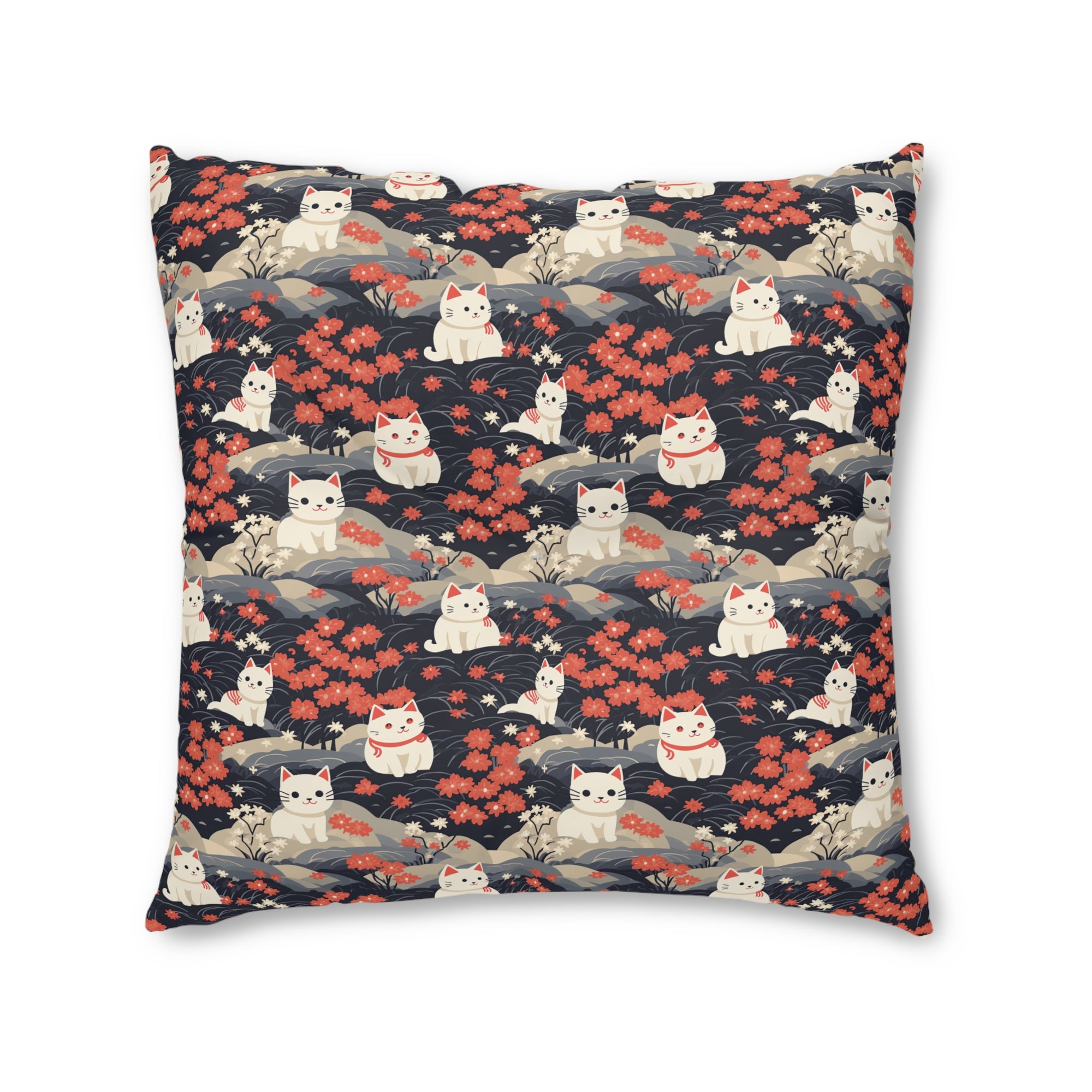 Indoor Square Floor Pillow - A charming, minimalist, Japanese-style illustration of cute white cats sitting amongst vibrant red and white flowers on a dark background.