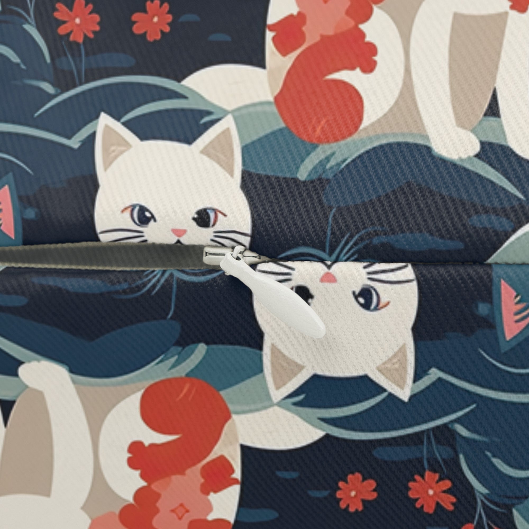 Indoor Lumbar Pillow - A serene and sweet Japanese landscape pattern featuring multicolored cats relaxing within a tranquil field of red and white flowers and gentle blue hills.