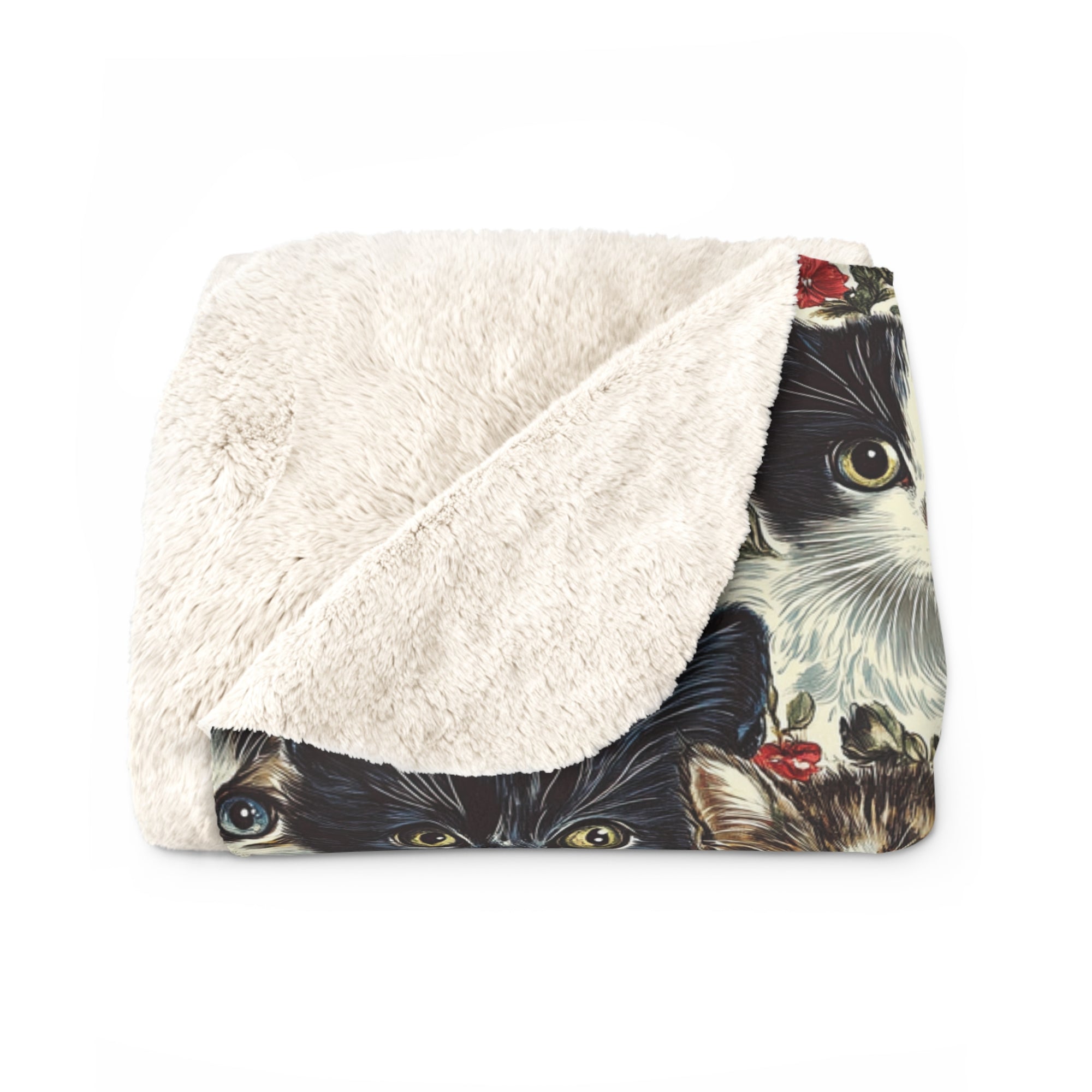 Sherpa Blanket - Colorful Kitten Faces with Red and Blue Flowers, Whimsical and Bright, Pattern Design