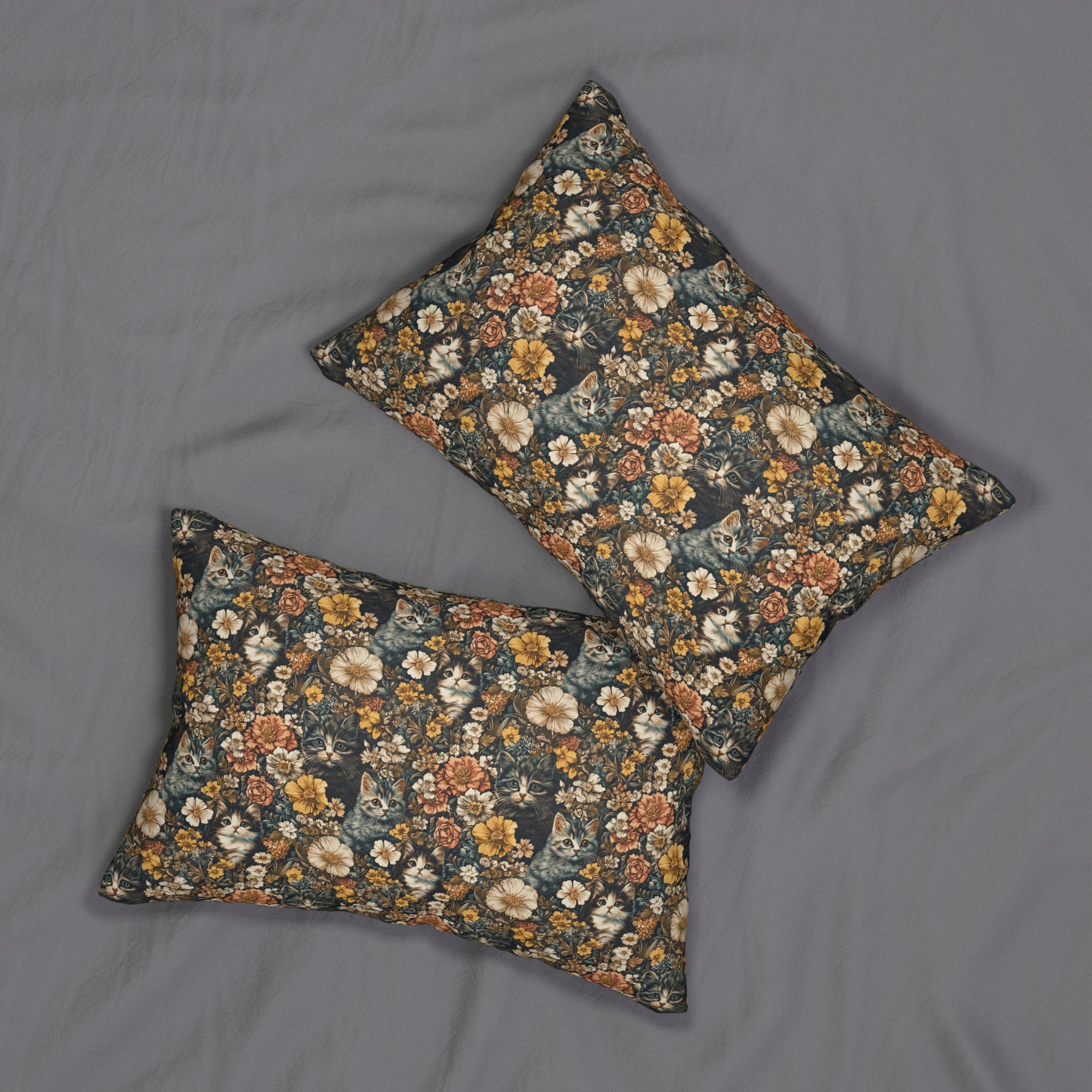 Indoor Lumbar Pillow - Grey Tabby Kittens Among Yellow and Peach Flowers, Moody Vintage Botanical Illustration