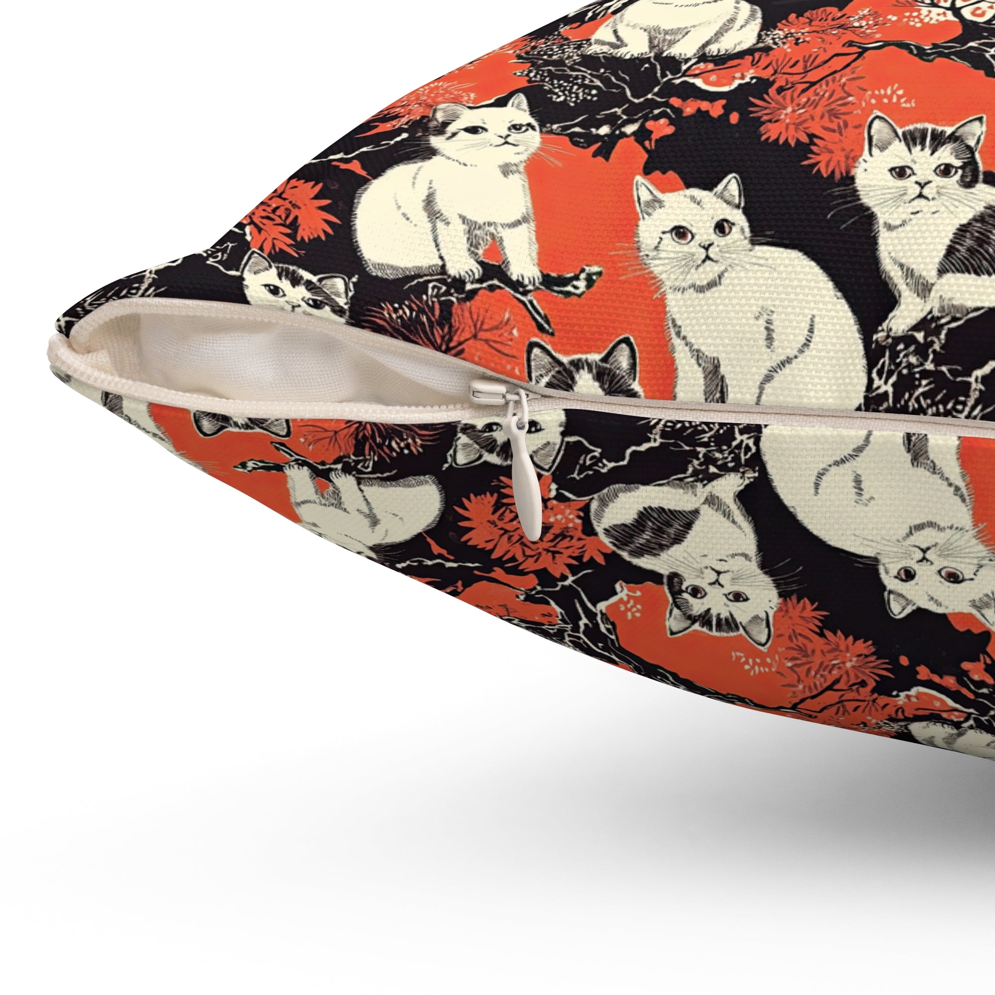 Indoor Square Pillow - A striking black-and-white illustration with red accents of charming cats perched on the branches of trees in a beautiful Japanese woodblock print style.
