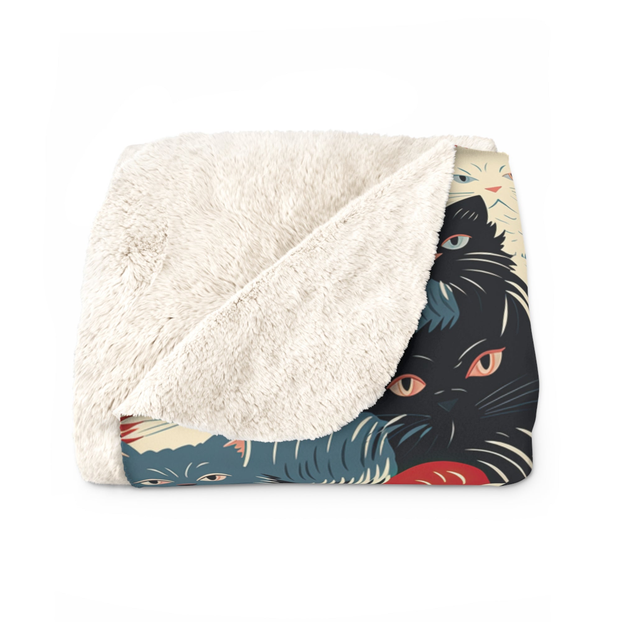 Sherpa Blanket - A bold and graphic pop art style illustration featuring a tight-knit cluster of various fluffy felines in black, white, red, and blue.