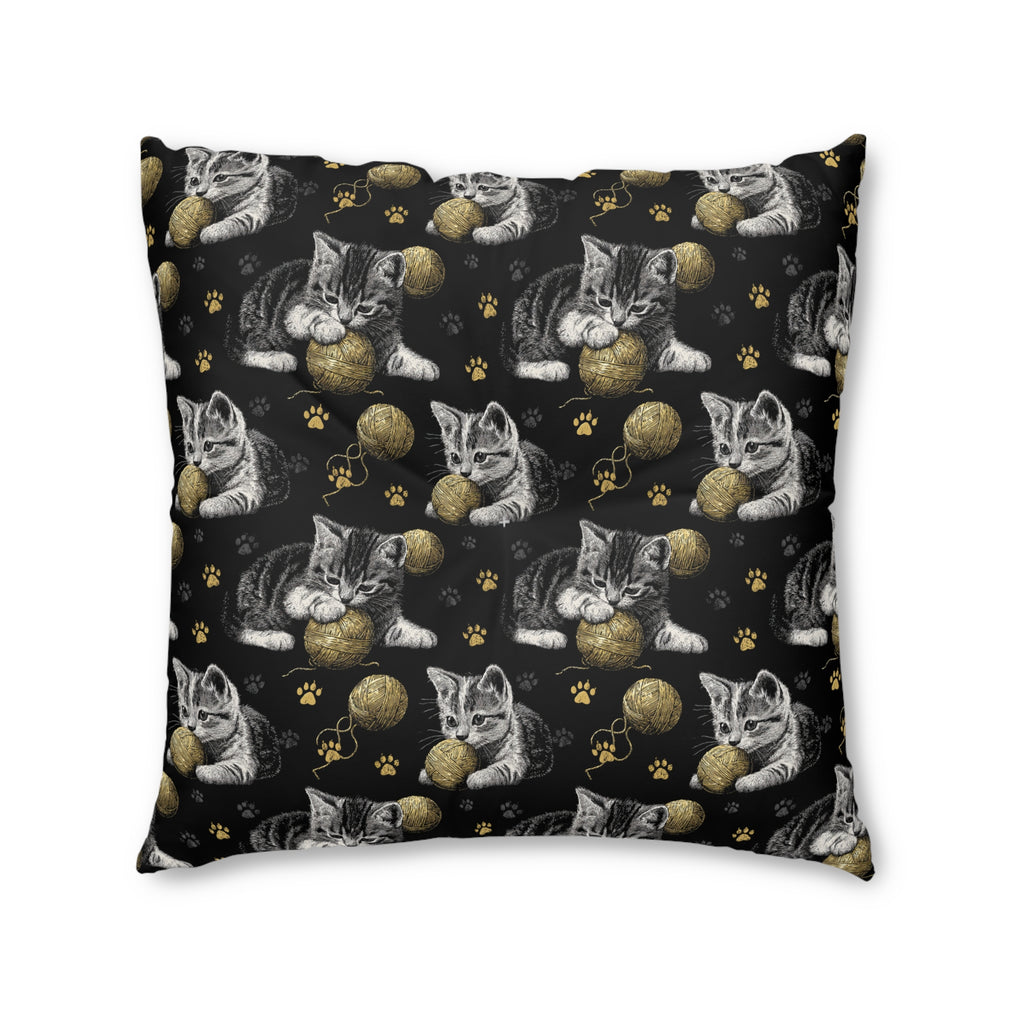 Indoor Square Floor Pillow - Grey and White Kittens Playing with Golden Yarn on a Black Background with Paw Prints