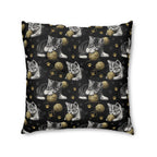 Indoor Square Floor Pillow - Grey and White Kittens Playing with Golden Yarn on a Black Background with Paw Prints