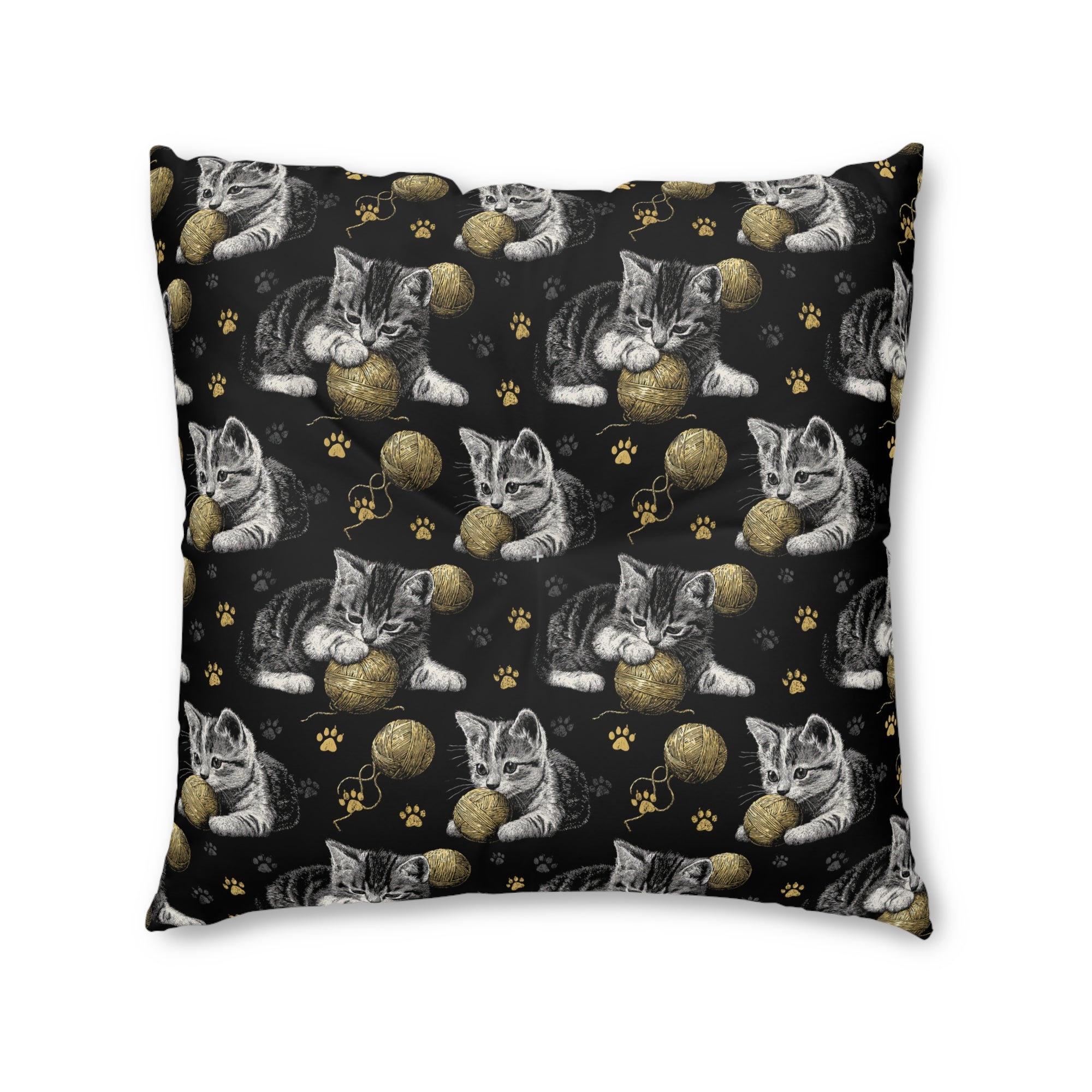 Indoor Square Floor Pillow - Grey and White Kittens Playing with Golden Yarn on a Black Background with Paw Prints
