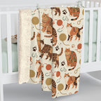Sherpa Blanket - Artistic patterned cats in warm earth tones, unique tribal and folk art designs, playful felines with yarn and paw prints, bohemian animal print, cream background, creative cat art