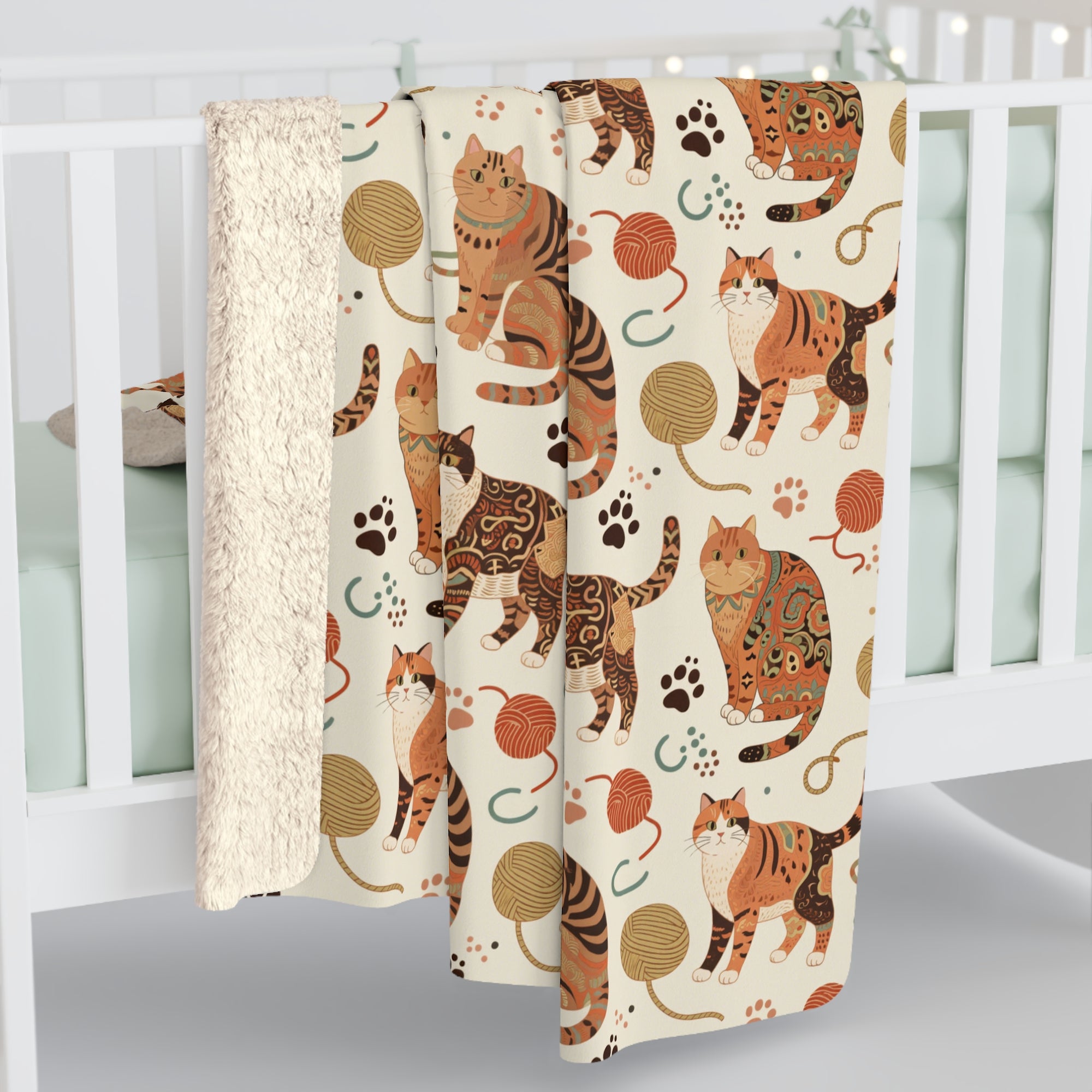 Sherpa Blanket - Artistic patterned cats in warm earth tones, unique tribal and folk art designs, playful felines with yarn and paw prints, bohemian animal print, cream background, creative cat art
