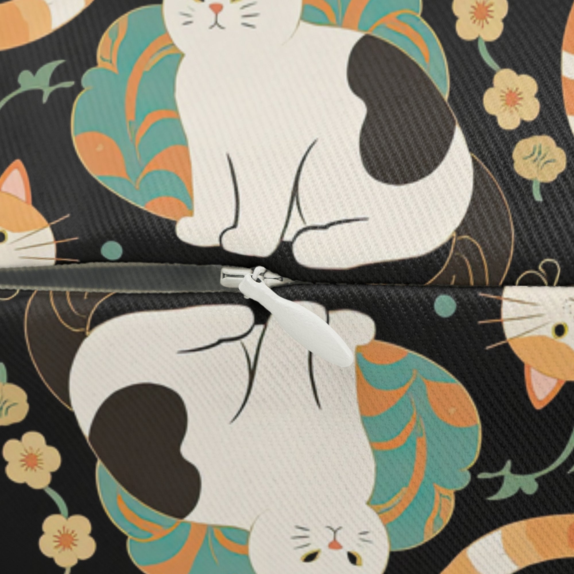 Indoor Lumbar Pillow - Traditional Japanese Maneki-Neko Cats and Auspicious Symbols Grace a Dark Background in this Fortunate Pattern