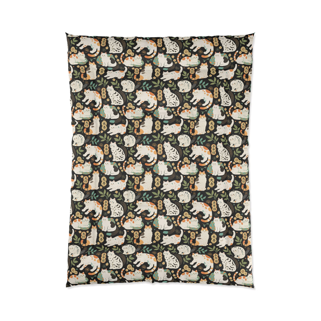 Comforter - Traditional Japanese Maneki-Neko Cats and Auspicious Symbols Grace a Dark Background in this Fortunate Pattern