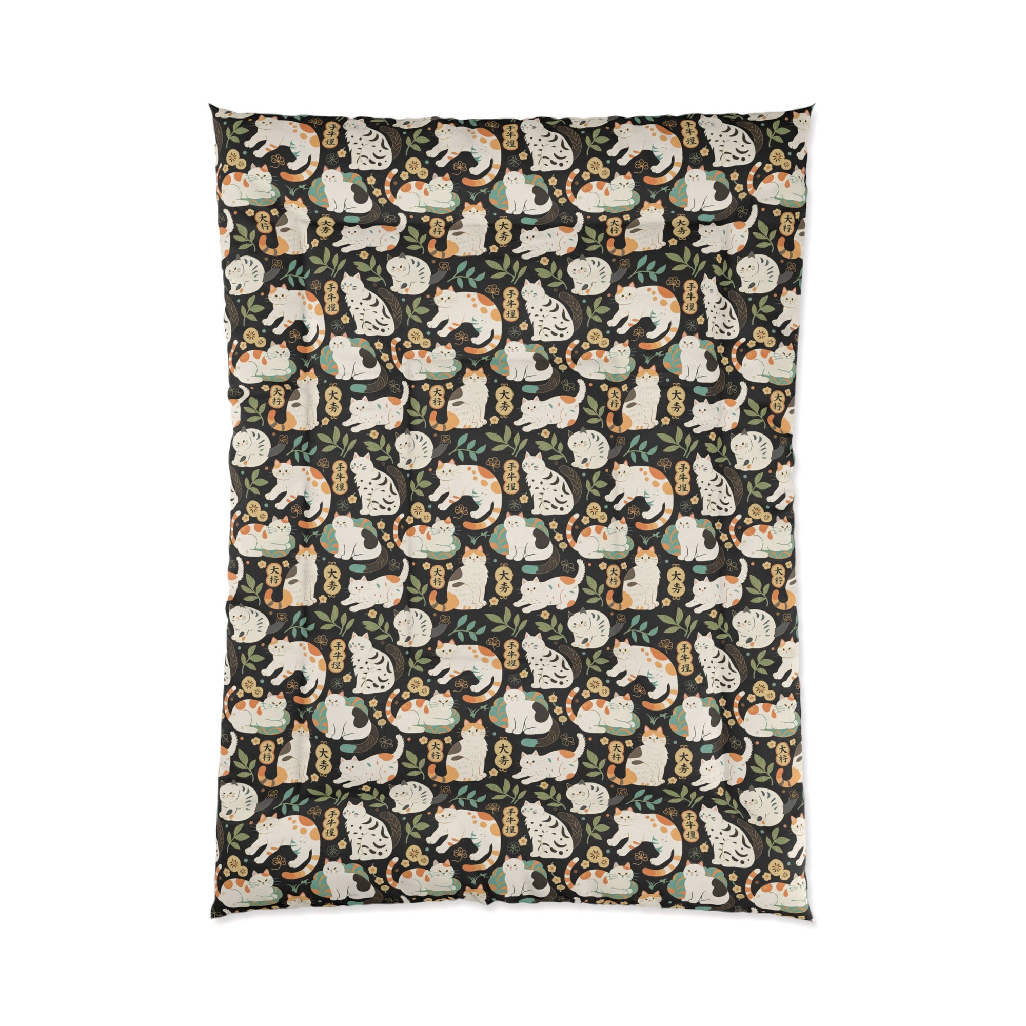 Comforter - Traditional Japanese Maneki-Neko Cats and Auspicious Symbols Grace a Dark Background in this Fortunate Pattern