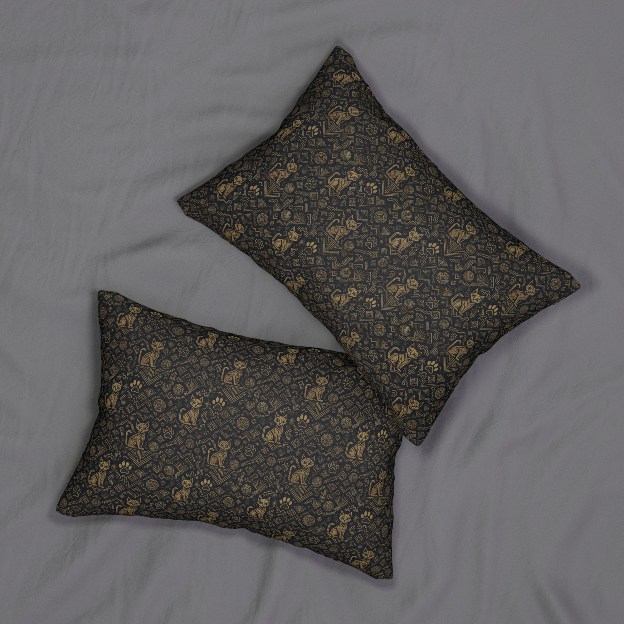Indoor Lumbar Pillow - Art Deco Inspired Golden Cat Silhouettes and Geometric Patterns Create a Sophisticated and Stylized Modern Design