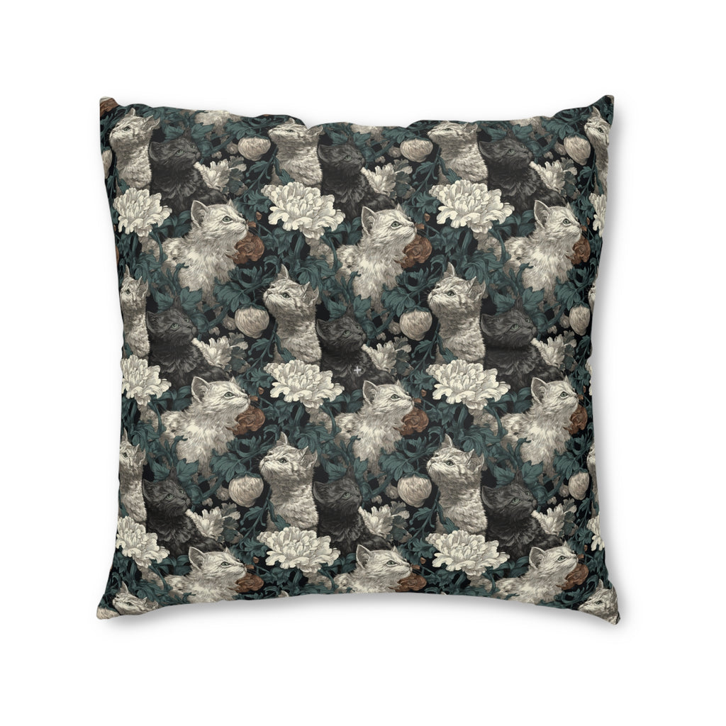 Indoor Square Floor Pillow - Grey and White Kittens with Creamy White Flowers and Dark Green Foliage, Elegant Vintage Vibe