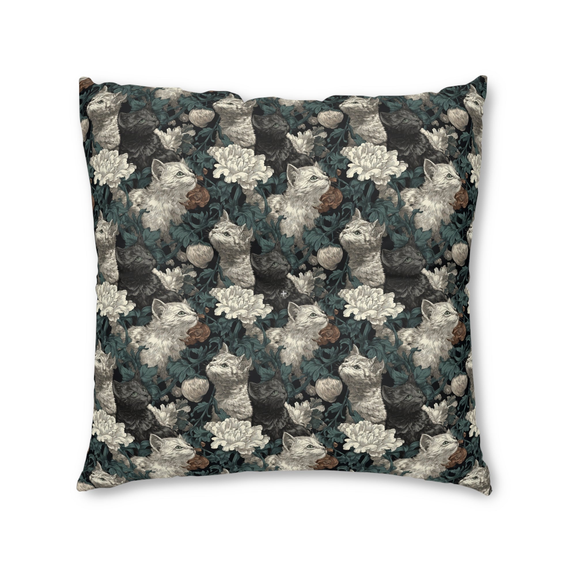 Indoor Square Floor Pillow - Grey and White Kittens with Creamy White Flowers and Dark Green Foliage, Elegant Vintage Vibe