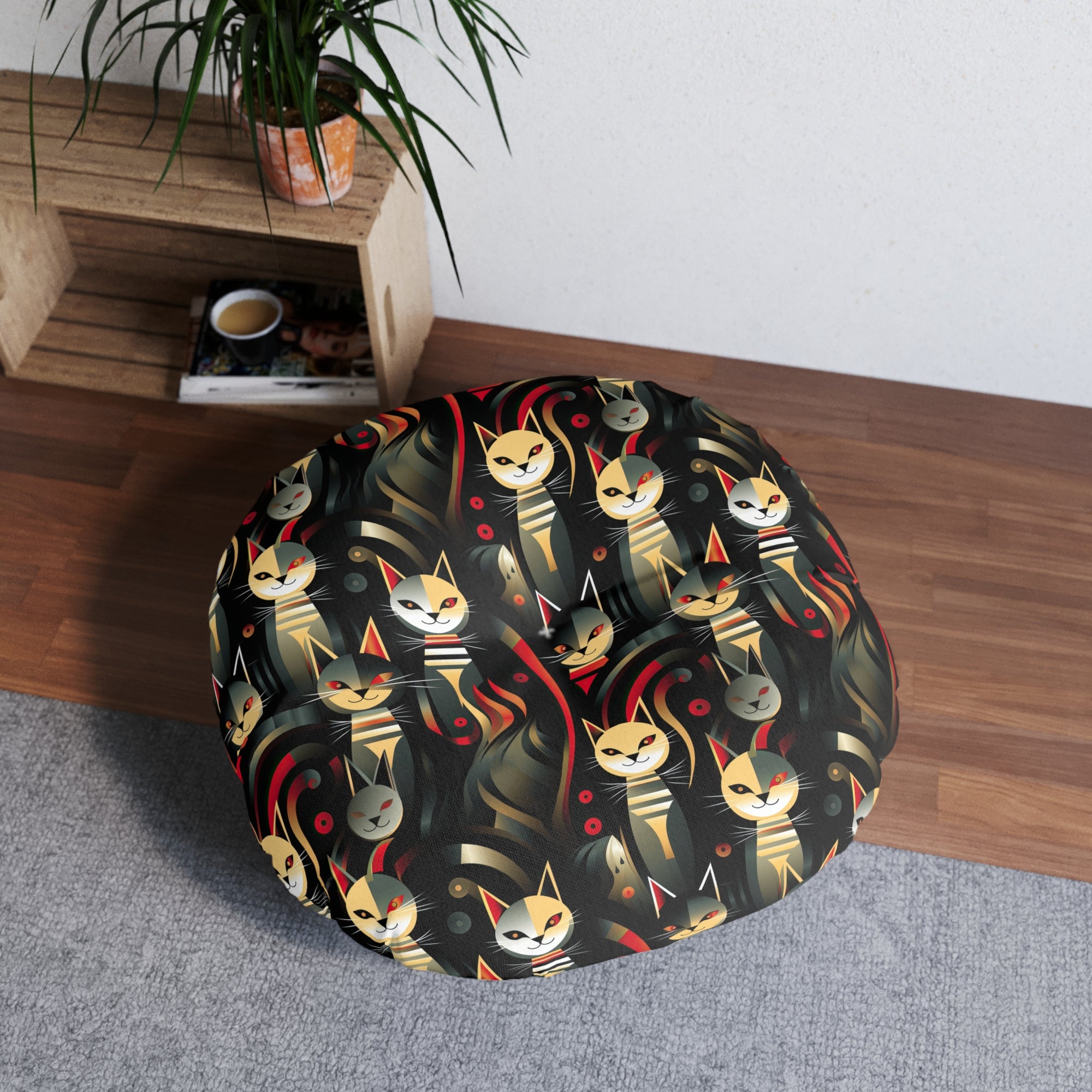 Indoor Round Floor Pillow - A bold and striking Art Deco pattern showcasing stylized feline portraits with sharp, gold lines and geometric shapes set against a dark, dramatic background.