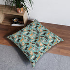 Indoor Square Floor Pillow - A Delightful Assortment of Charming Cats in Diverse Poses and Breeds Scattered Across a Soft Blue Floral Background