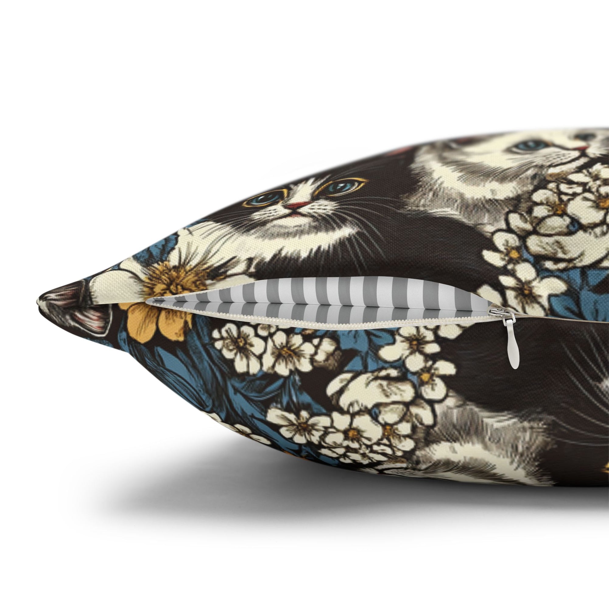 Square Pillowcase - Black and White Kittens with Yellow and White Flowers, Dark Blue Leaves, Vintage Charm