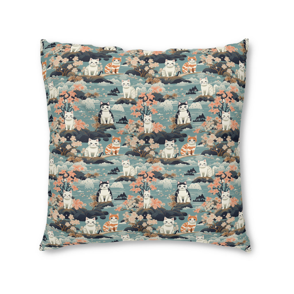 Indoor Square Floor Pillow - A serene watercolor painting of fluffy cats lounging on rocks, surrounded by cherry blossoms and blue water, in a tranquil, nature-filled, Japanese-inspired landscape.