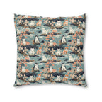 Indoor Square Floor Pillow - A serene watercolor painting of fluffy cats lounging on rocks, surrounded by cherry blossoms and blue water, in a tranquil, nature-filled, Japanese-inspired landscape.