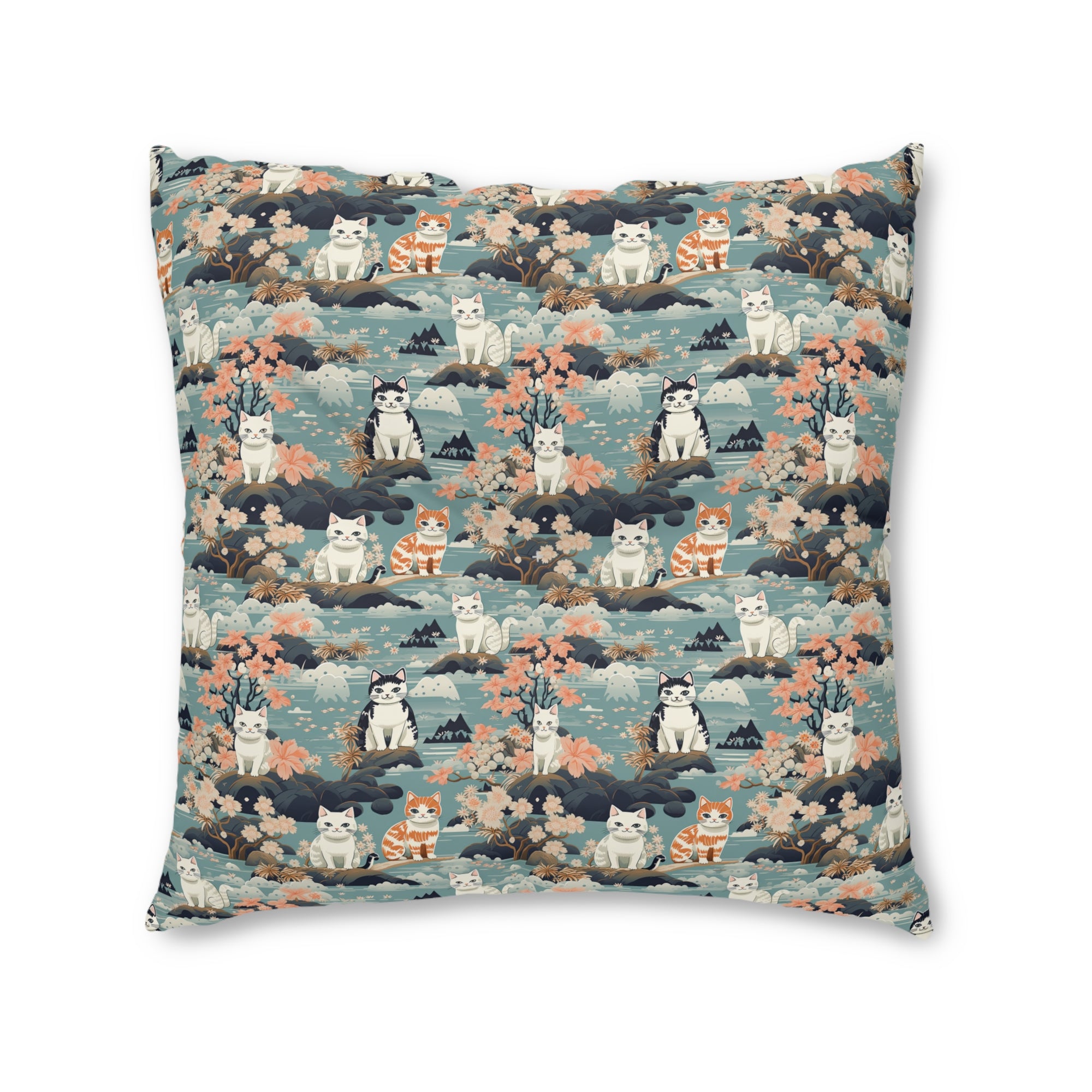 Indoor Square Floor Pillow - A serene watercolor painting of fluffy cats lounging on rocks, surrounded by cherry blossoms and blue water, in a tranquil, nature-filled, Japanese-inspired landscape.