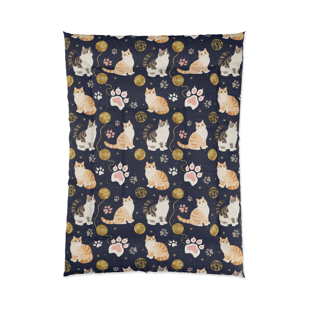 Comforter - Charming cats and golden yarn playful design, cute kittens with paw prints, whimsical animal art for cat lovers, dark blue background, delightful pet themed illustration
