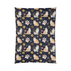 Comforter - Charming cats and golden yarn playful design, cute kittens with paw prints, whimsical animal art for cat lovers, dark blue background, delightful pet themed illustration
