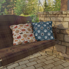 Outdoor Pillow - Vibrant boho chic cats and mandalas, colorful folk art style, playful felines with yarn and paw prints, artistic and bohemian cat design, cream background, unique animal print