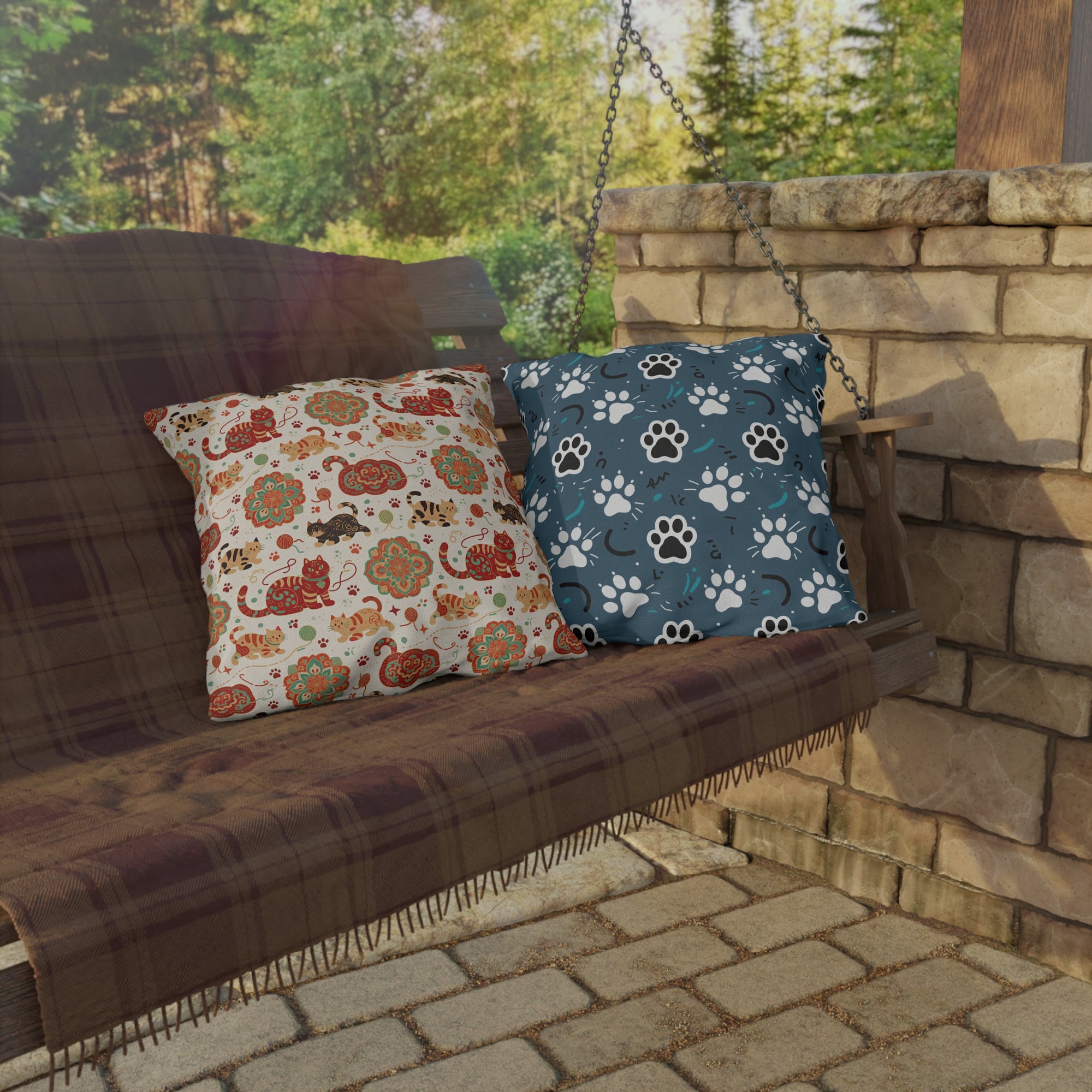 Outdoor Pillow - Vibrant boho chic cats and mandalas, colorful folk art style, playful felines with yarn and paw prints, artistic and bohemian cat design, cream background, unique animal print