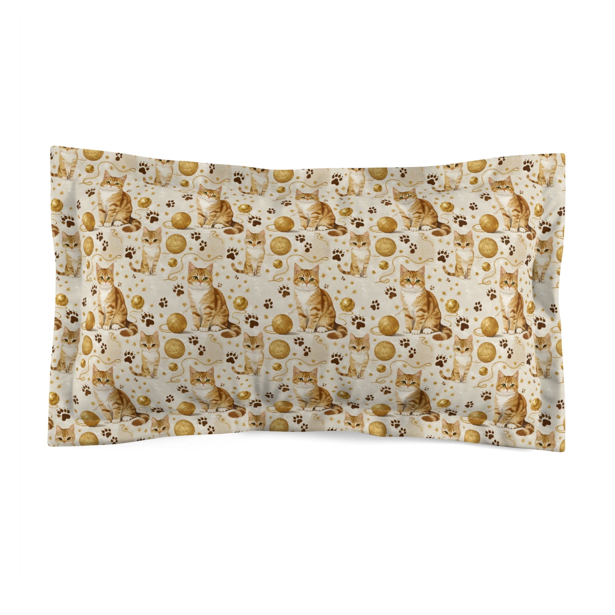 Pillow Sham - Adorable ginger cat with bright green eyes, sparkling gold yarn and paw prints, classic tabby cat illustration, cream background, cute and charming pet themed art