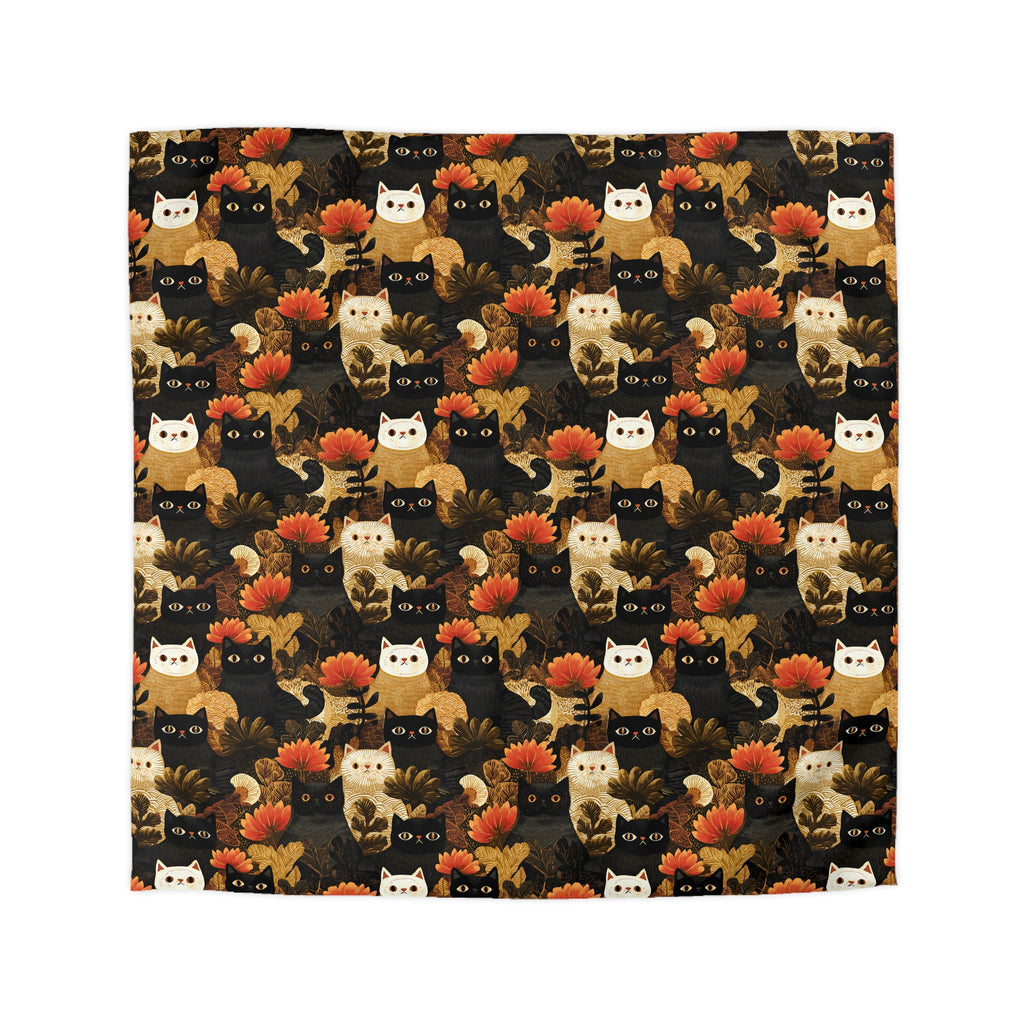 Duvet Cover - A dark and fantastical illustrative painting of many different cats and plants, creating a dense, mysterious, and golden jungle or forest scene.