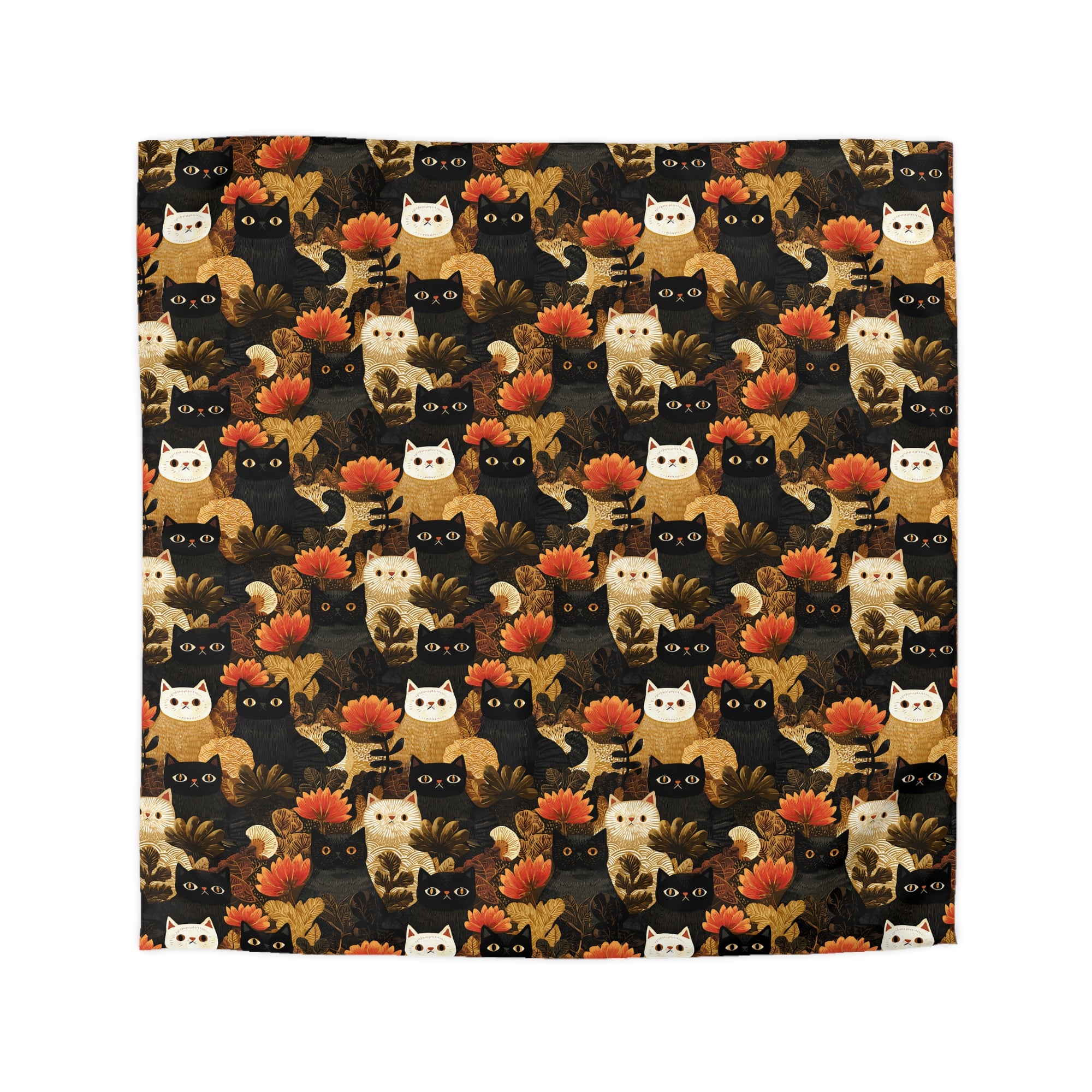 Duvet Cover - A dark and fantastical illustrative painting of many different cats and plants, creating a dense, mysterious, and golden jungle or forest scene.