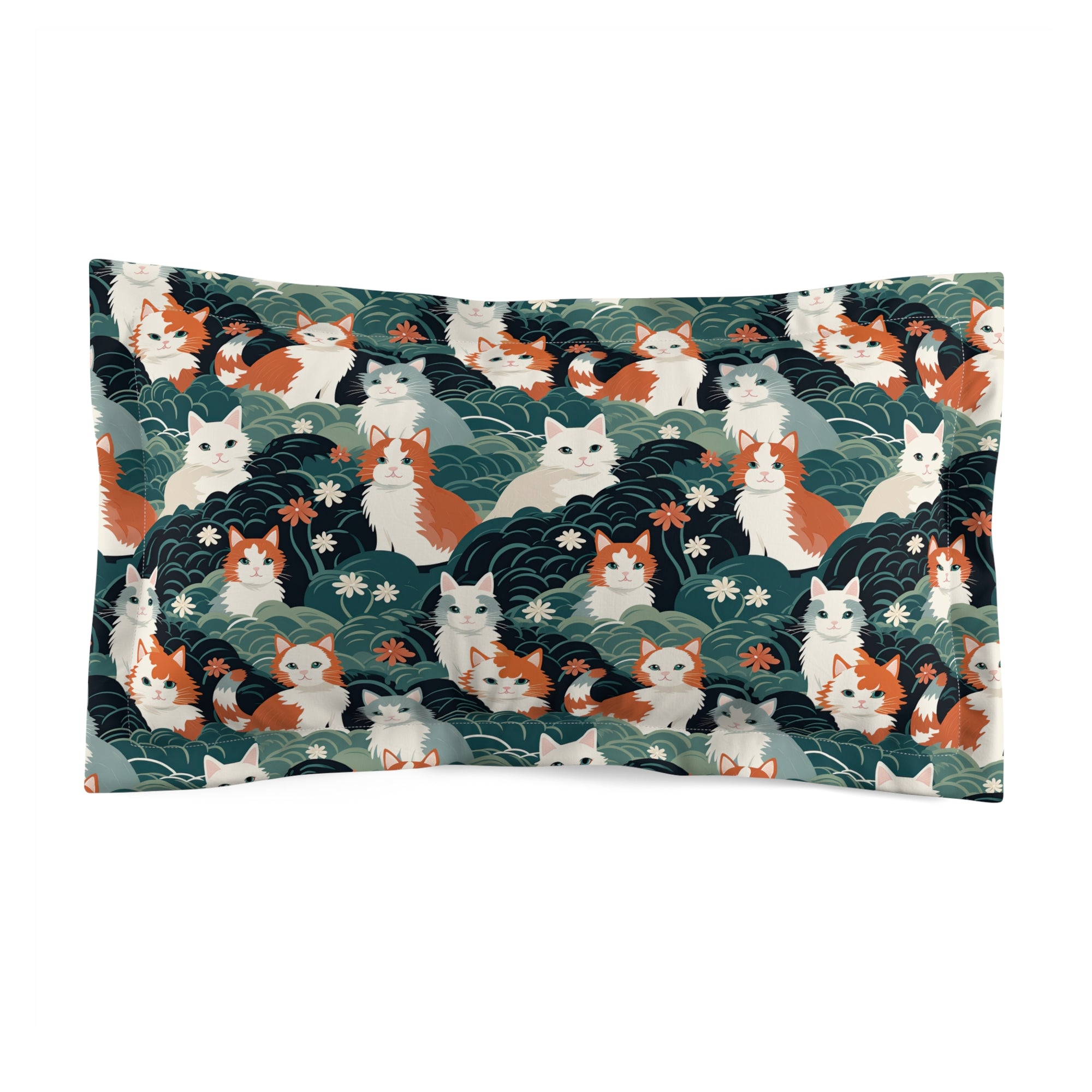 Pillow Sham - A whimsical, fluffy, watercolor depiction of various cats of different colors peeking out from a dense dark blue and green bush with white flowers.