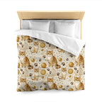 Duvet Cover - Adorable ginger cat with bright green eyes, sparkling gold yarn and paw prints, classic tabby cat illustration, cream background, cute and charming pet themed art