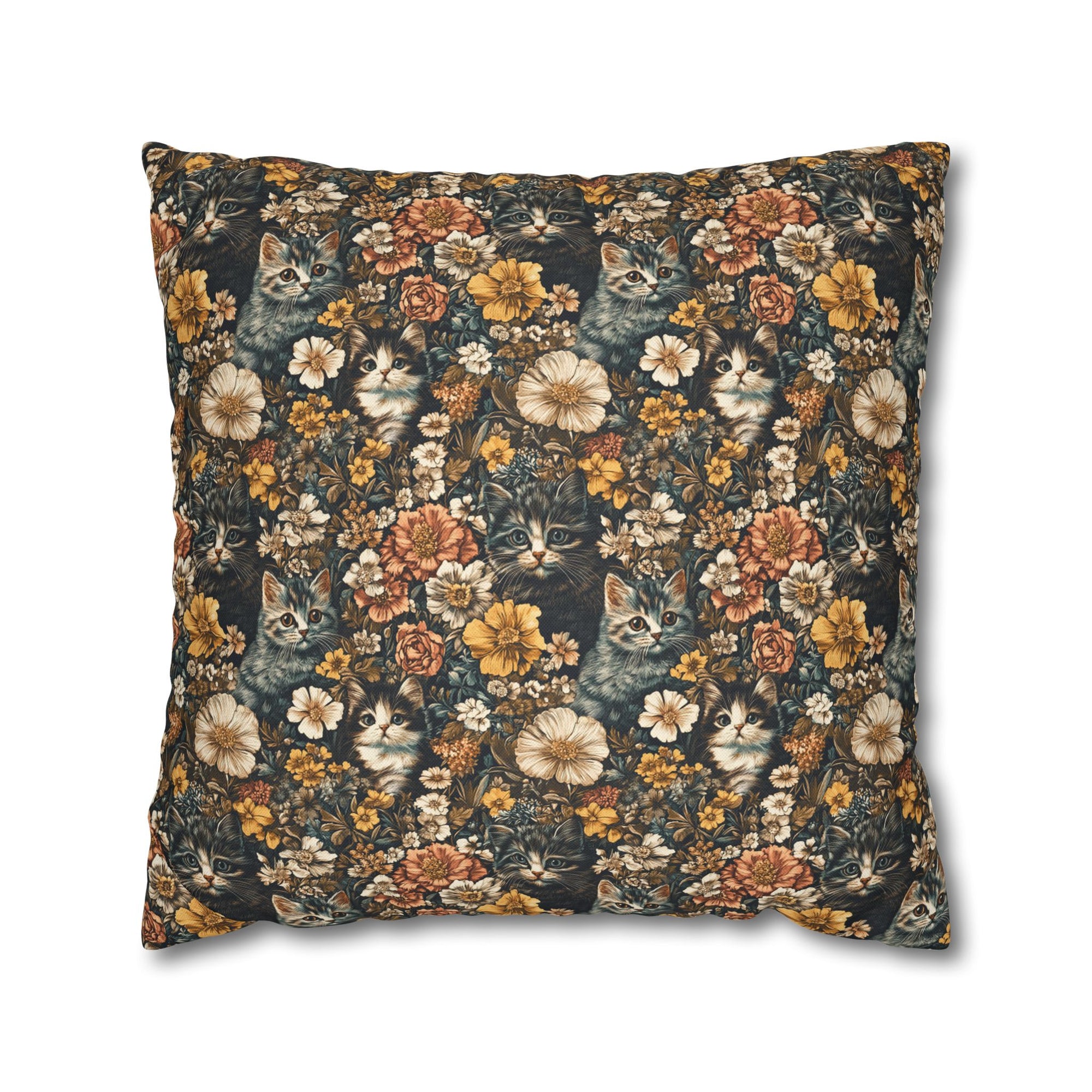 Square Pillowcase - Grey Tabby Kittens Among Yellow and Peach Flowers, Moody Vintage Botanical Illustration