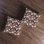 Indoor Square Floor Pillow - A charming, minimalist, Japanese-style illustration of cute white cats sitting amongst vibrant red and white flowers on a dark background.
