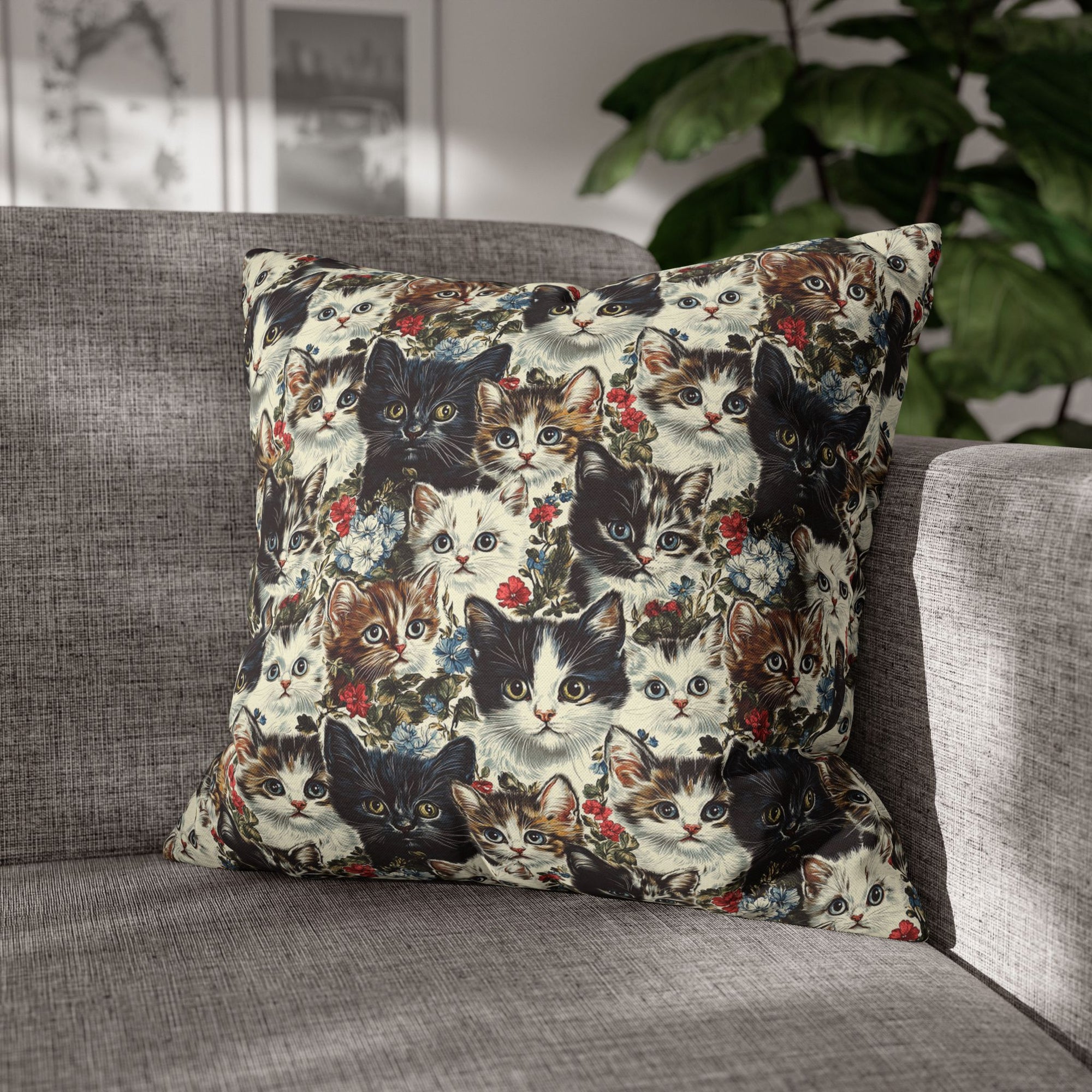 Square Pillowcase - Colorful Kitten Faces with Red and Blue Flowers, Whimsical and Bright, Pattern Design