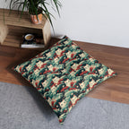 Indoor Square Floor Pillow - A dramatic and powerful Japanese woodblock print-style illustration of cats amidst powerful waves, red flowers, and white cherry blossoms.
