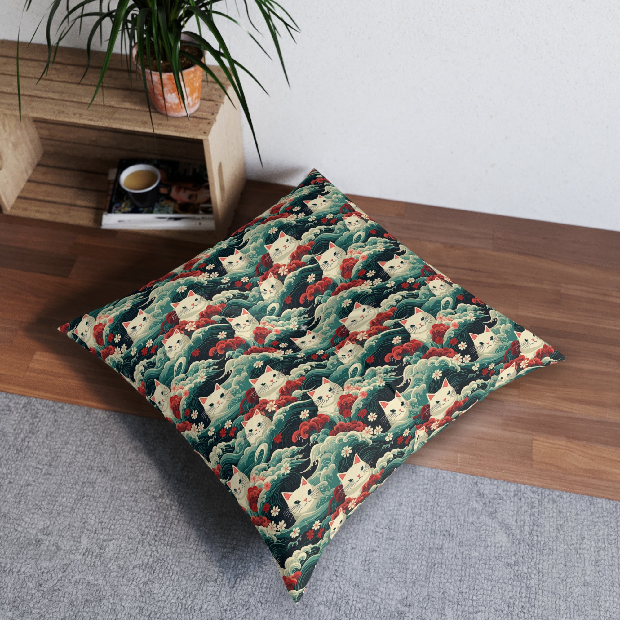 Indoor Square Floor Pillow - A dramatic and powerful Japanese woodblock print-style illustration of cats amidst powerful waves, red flowers, and white cherry blossoms.
