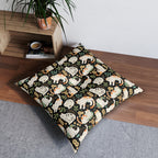 Indoor Square Floor Pillow - Traditional Japanese Maneki-Neko Cats and Auspicious Symbols Grace a Dark Background in this Fortunate Pattern