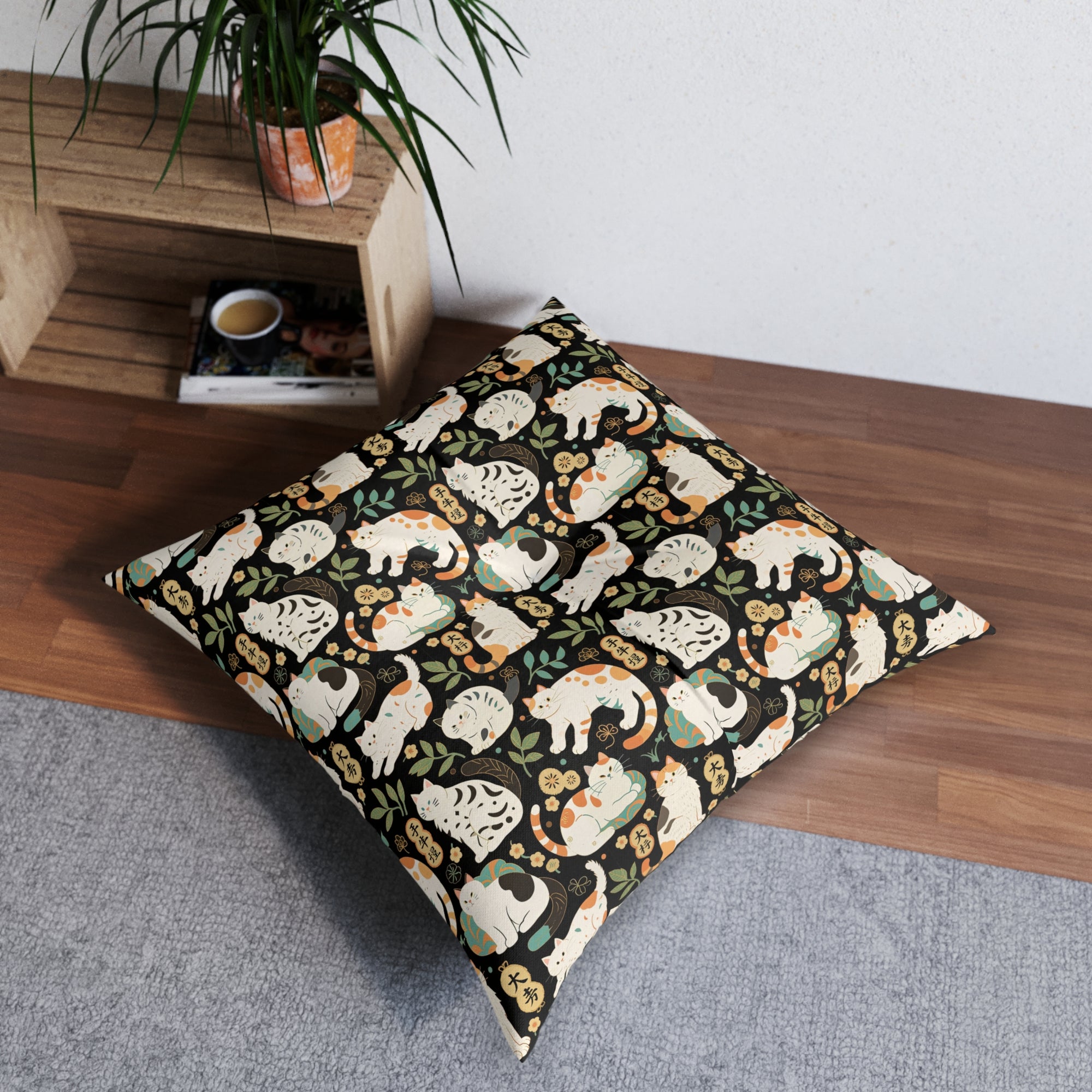 Indoor Square Floor Pillow - Traditional Japanese Maneki-Neko Cats and Auspicious Symbols Grace a Dark Background in this Fortunate Pattern