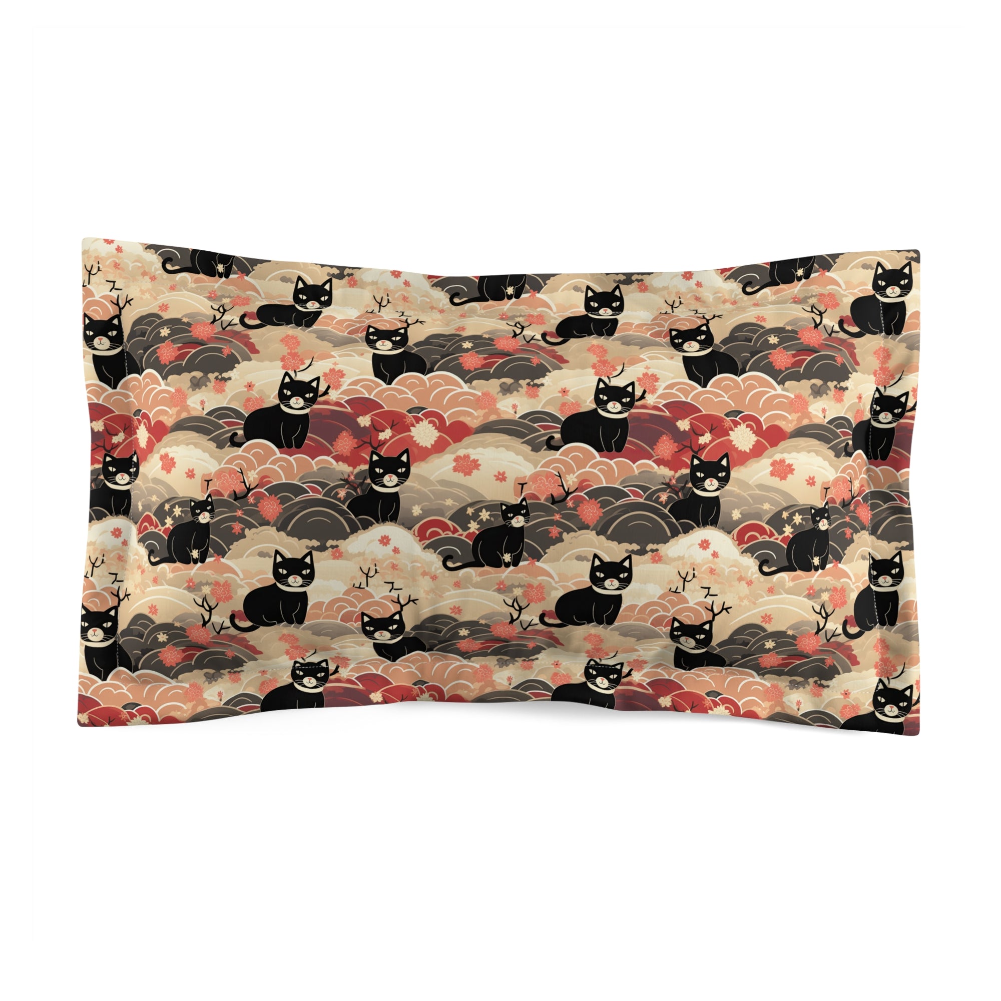 Pillow Sham - A whimsical and enchanting Japanese-style pattern featuring cute black and orange cats nestled among vibrant orange blossoms and soft, cloudy backgrounds.