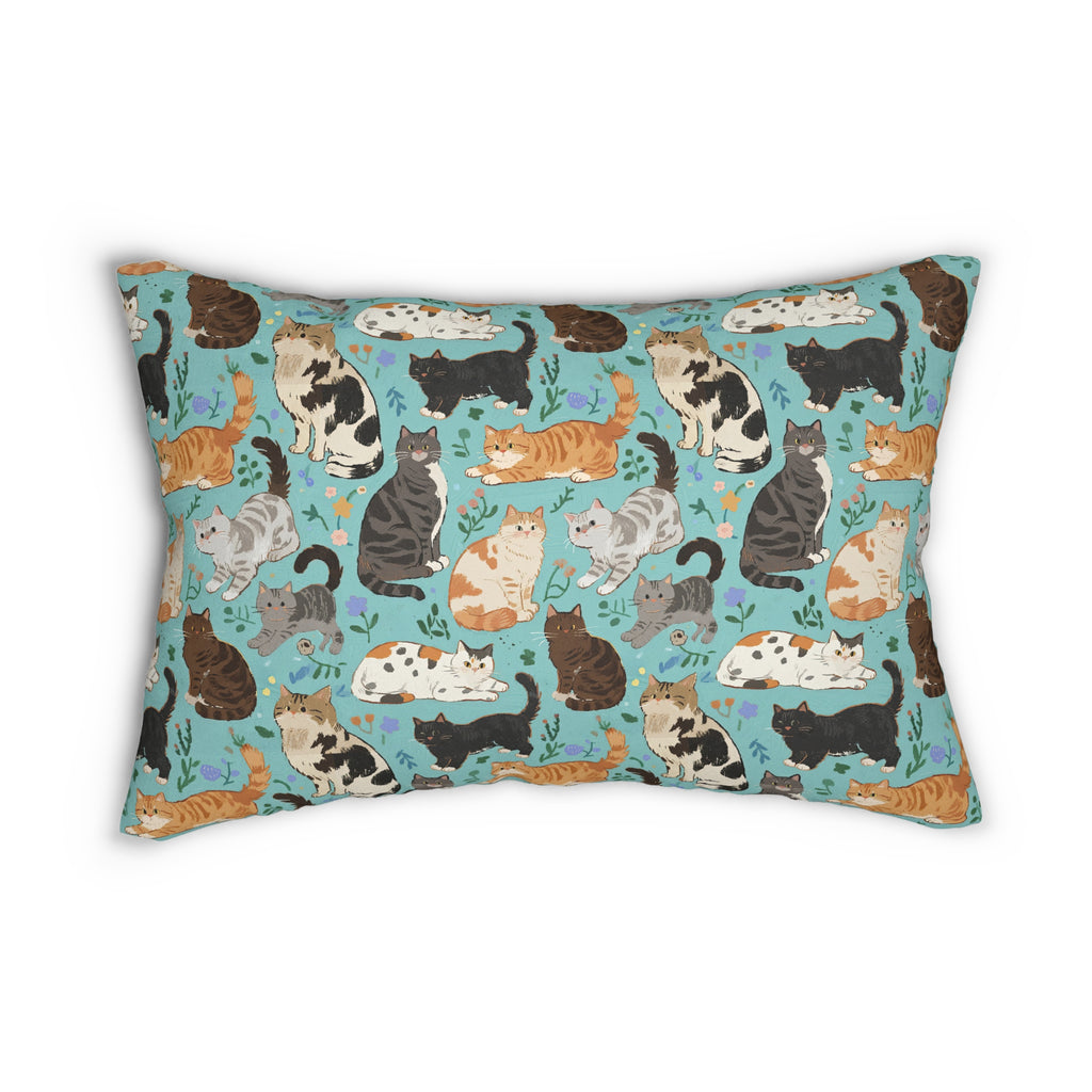 Indoor Lumbar Pillow - A Delightful Assortment of Charming Cats in Diverse Poses and Breeds Scattered Across a Soft Blue Floral Background