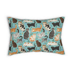 Indoor Lumbar Pillow - A Delightful Assortment of Charming Cats in Diverse Poses and Breeds Scattered Across a Soft Blue Floral Background
