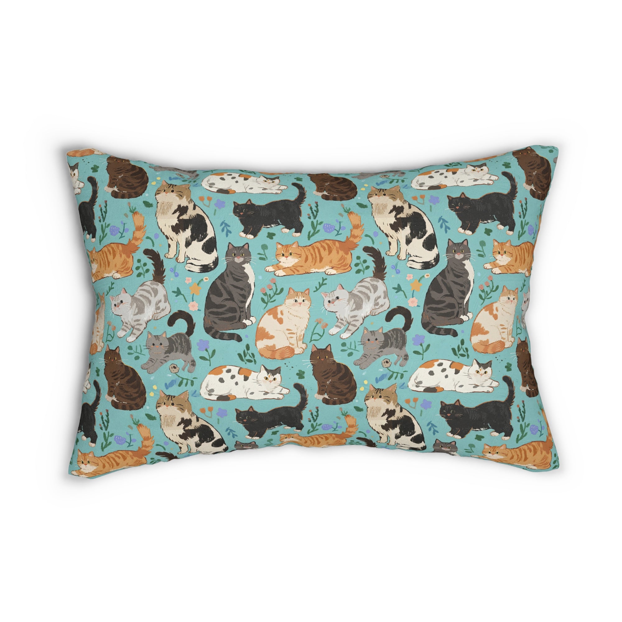 Indoor Lumbar Pillow - A Delightful Assortment of Charming Cats in Diverse Poses and Breeds Scattered Across a Soft Blue Floral Background