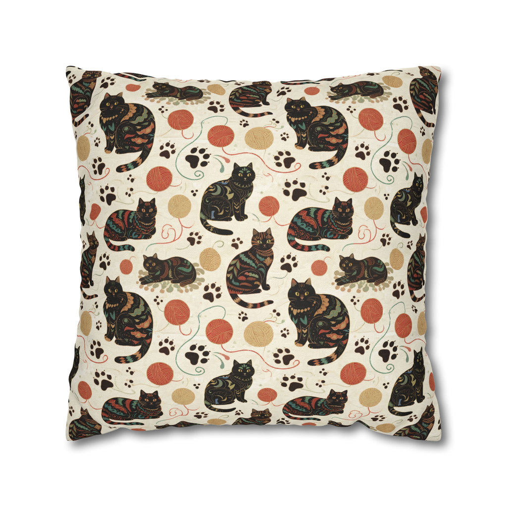 Square Pillowcase - Intricate tribal patterned black cats, colorful folk art style, playful felines with yarn balls and paw prints, artistic and bohemian cat design, cream background, unique animal print