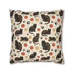 Square Pillowcase - Intricate tribal patterned black cats, colorful folk art style, playful felines with yarn balls and paw prints, artistic and bohemian cat design, cream background, unique animal print