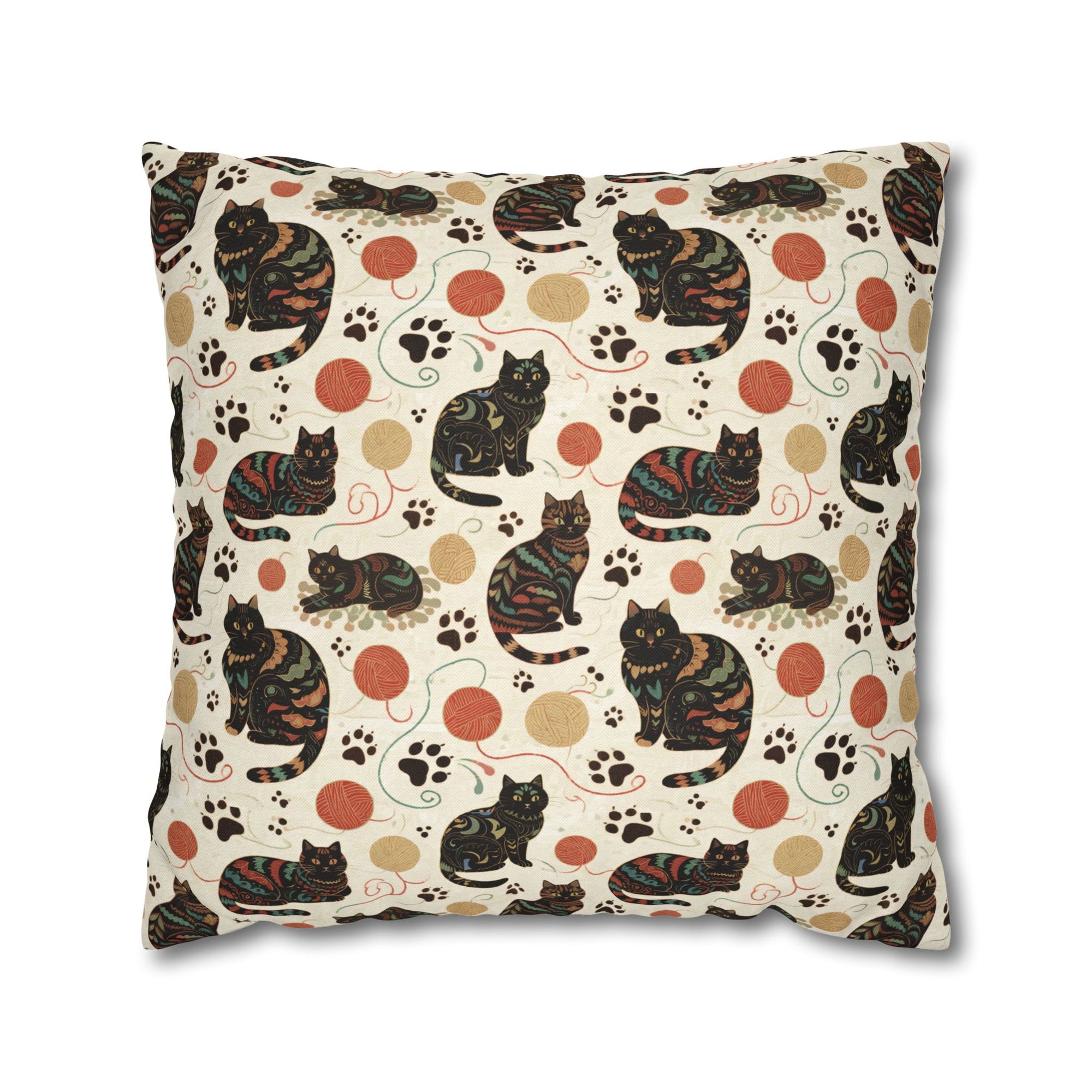 Square Pillowcase - Intricate tribal patterned black cats, colorful folk art style, playful felines with yarn balls and paw prints, artistic and bohemian cat design, cream background, unique animal print